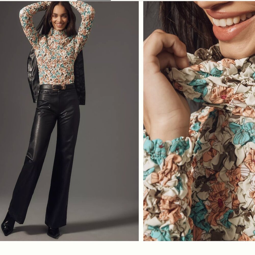 NWT ANTHROPOLOGIE Dolan Blue and Brown Smocked Ruffled Long Sleeve Blouse Size M - Picture 3 of 9